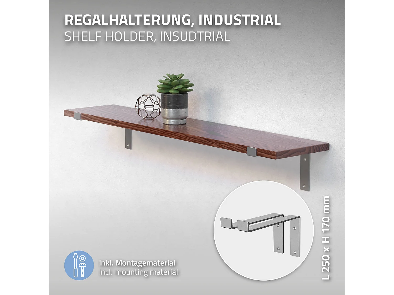 Set 4 supporti per scaffale staffe per ripiano mensola metallo grigio 250x145 mm