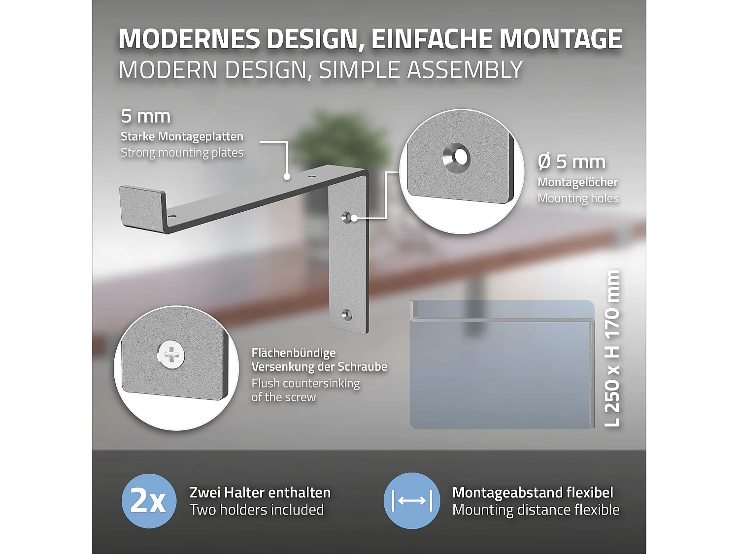 Set 4 supporti per scaffale staffe per ripiano mensola metallo grigio 250x145 mm