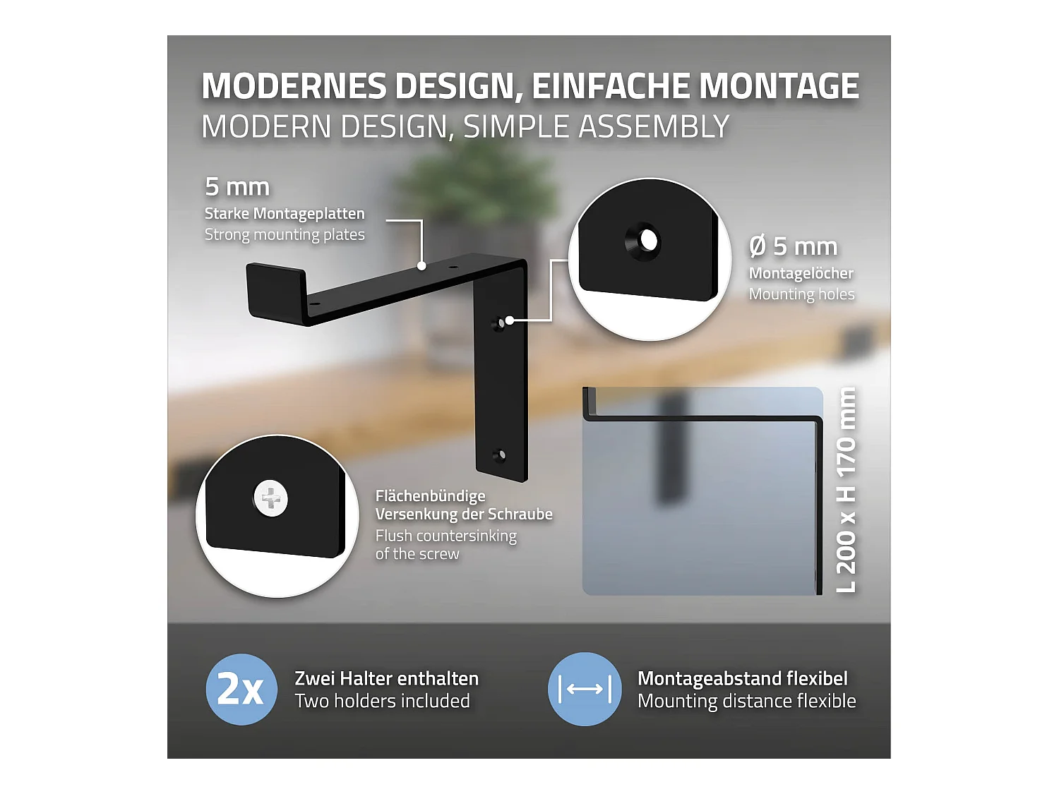 Lot de 6 équerre d'étagère murale équerre fixation en métal noir 200x40x145 mm