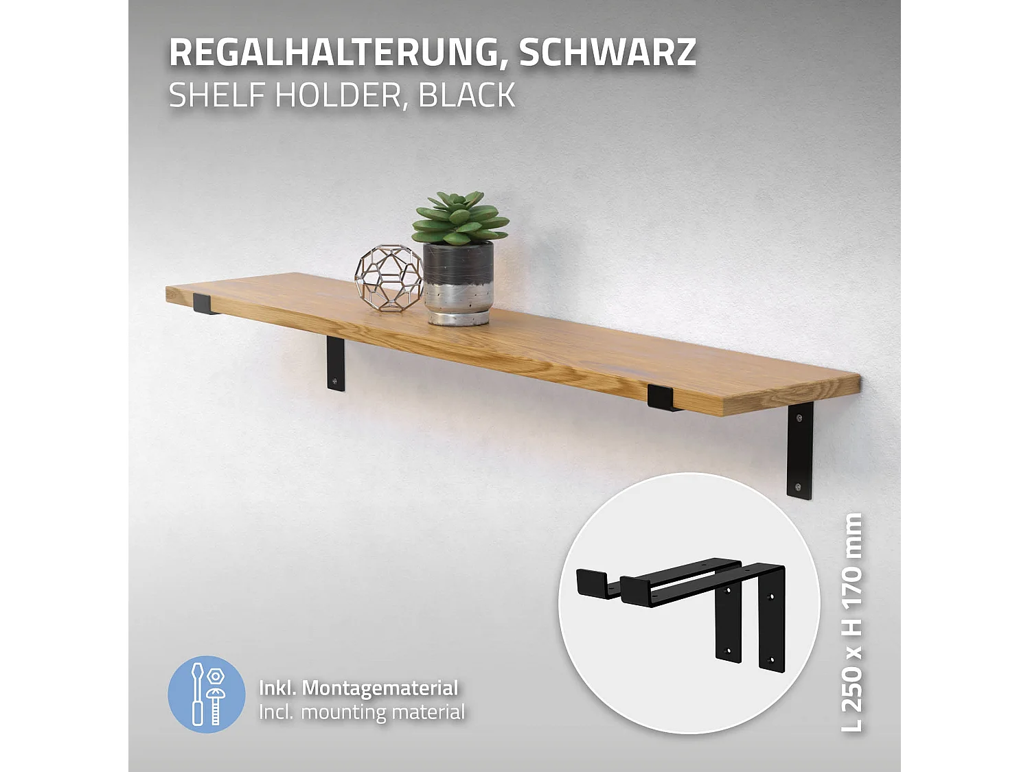 Set 4 supporti per scaffale staffe per ripiano mensola metallo nero 250x145 mm