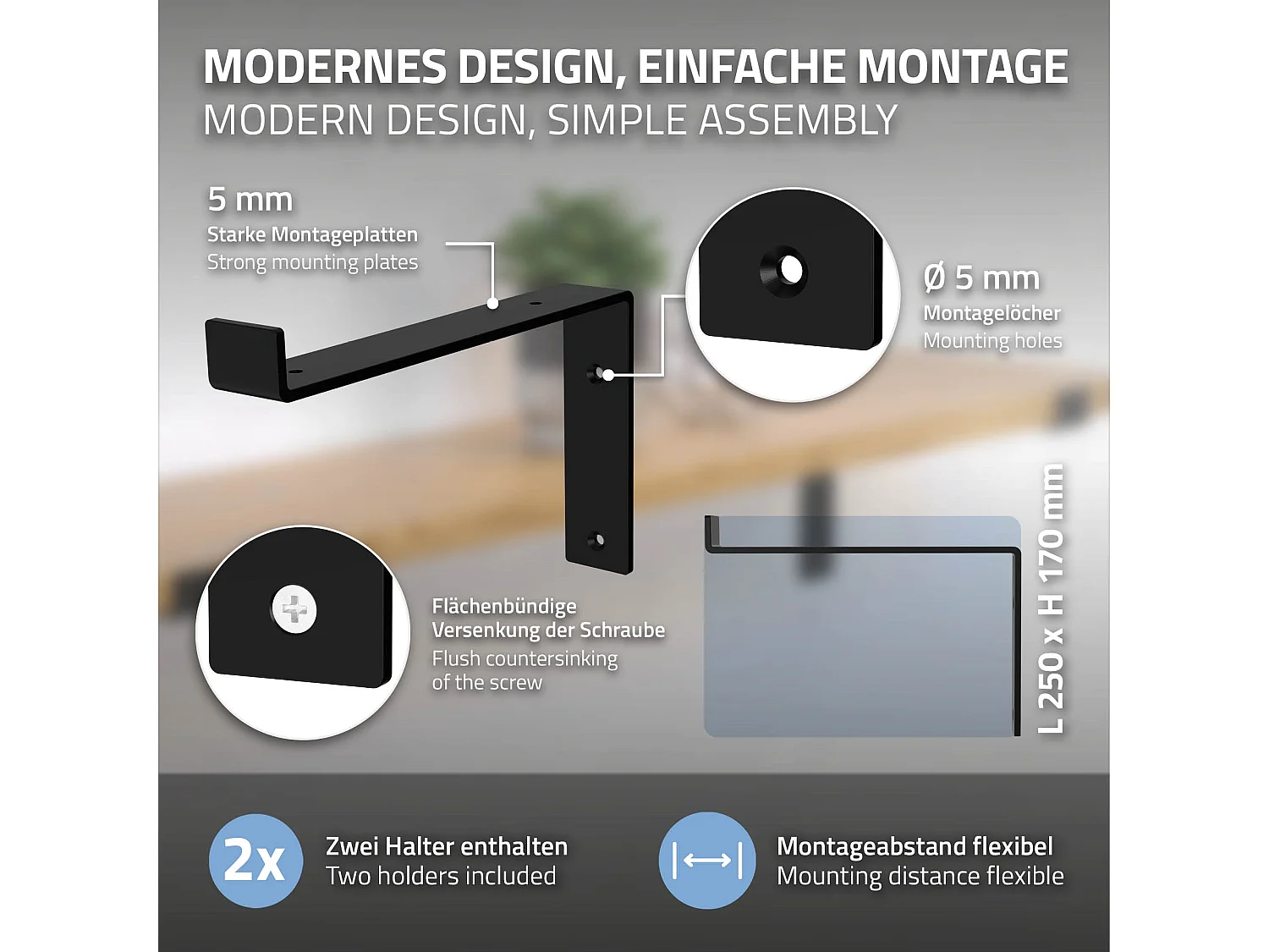 Set 4 supporti per scaffale staffe per ripiano mensola metallo nero 250x145 mm