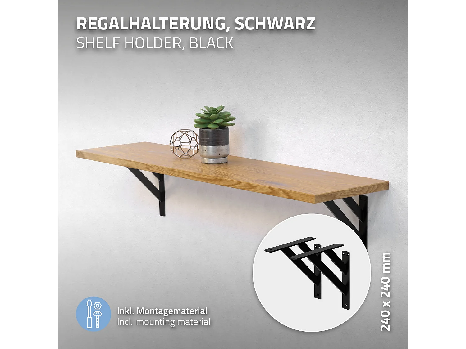 4x Supporto per mensole in alluminio nero 240x240 mm staffe per mensola pesanti