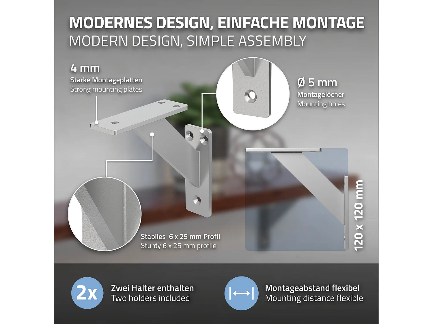 4x Staffa per mensola argento 120 mm alluminio reggimensola galleggianti a muro