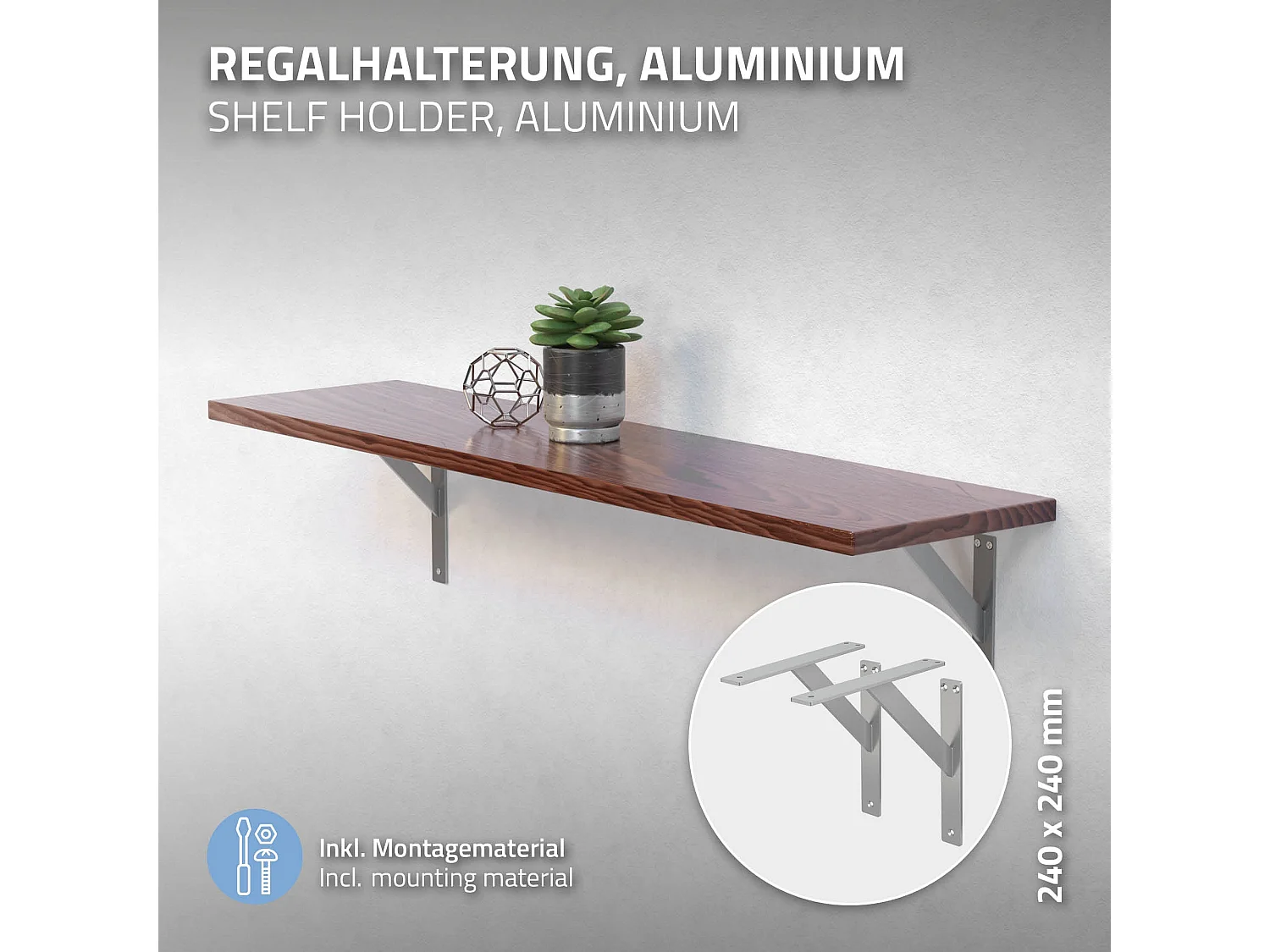 4x Staffa per mensola argento 240 mm alluminio reggimensola galleggianti a muro