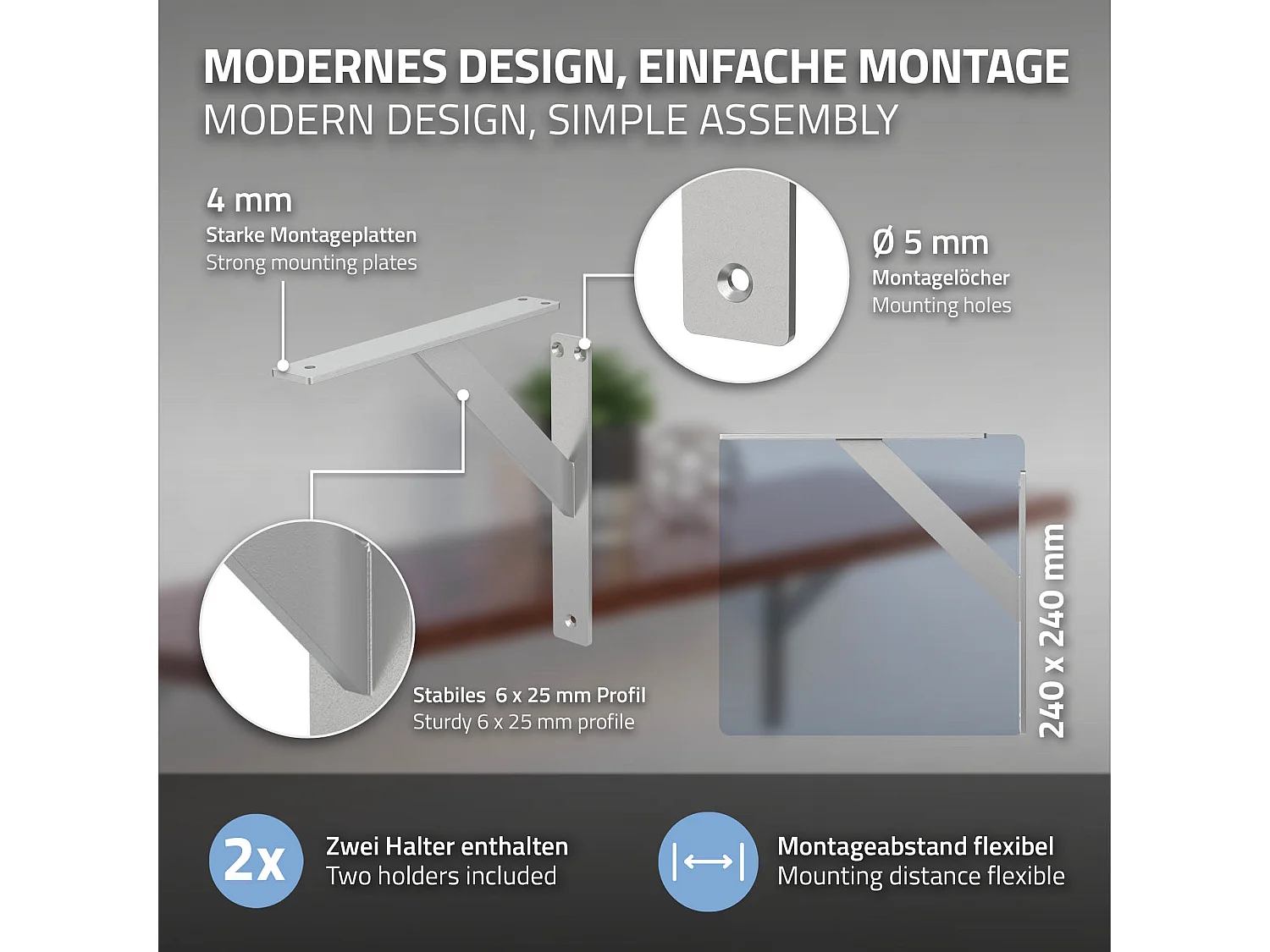 4x Staffa per mensola argento 240 mm alluminio reggimensola galleggianti a muro