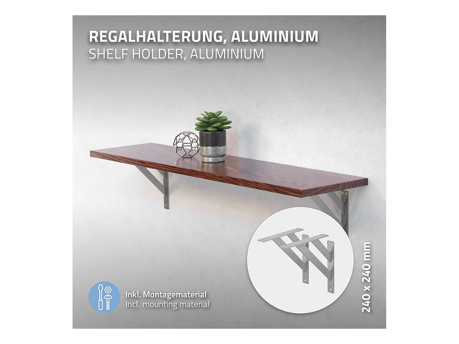 4x Supporto per mensole in alluminio argento 24x24 cm staffe per mensola pesanti