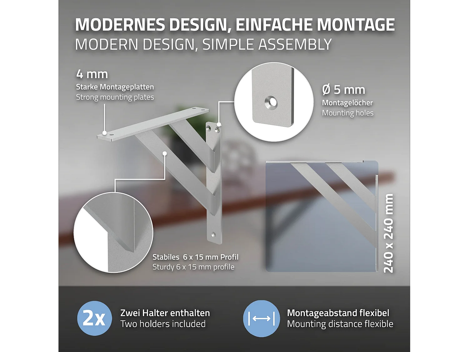 4x Supporto per mensole in alluminio argento 24x24 cm staffe per mensola pesanti