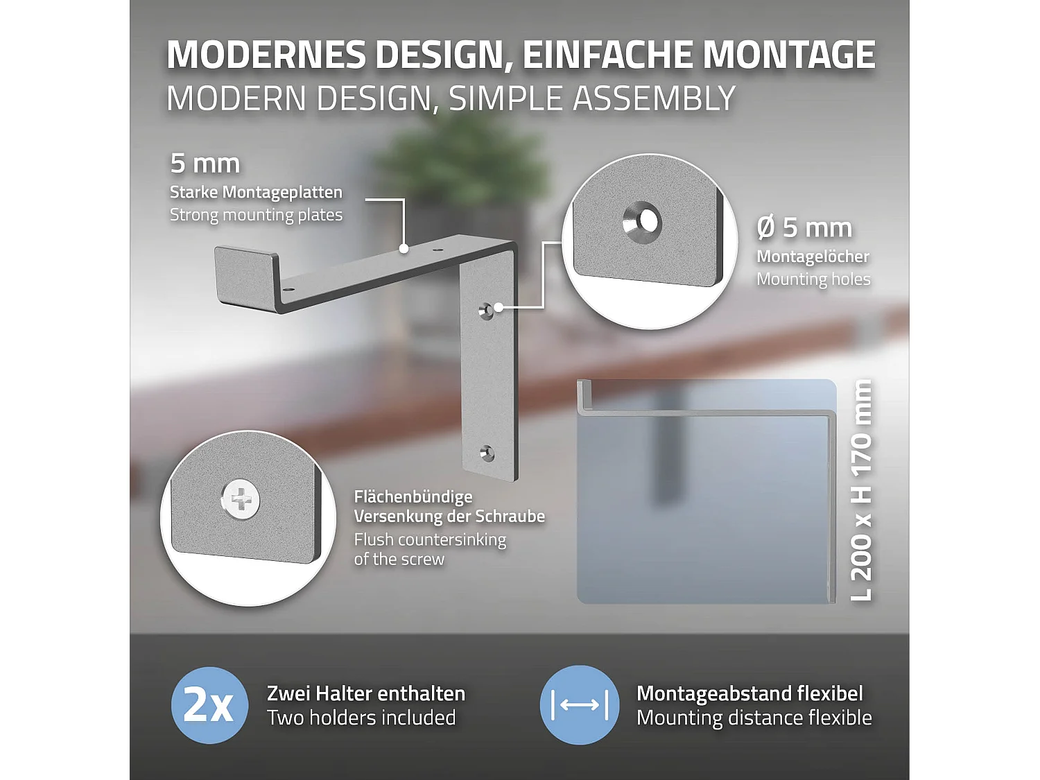 Set 4 supporti per scaffale staffe per ripiano mensola metallo grigio 200x145 mm