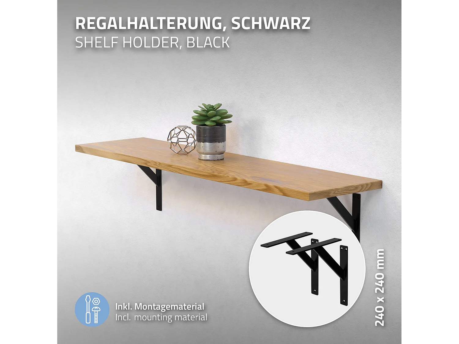 4x Staffa per mensola nero 240 mm in alluminio reggimensola galleggianti a muro