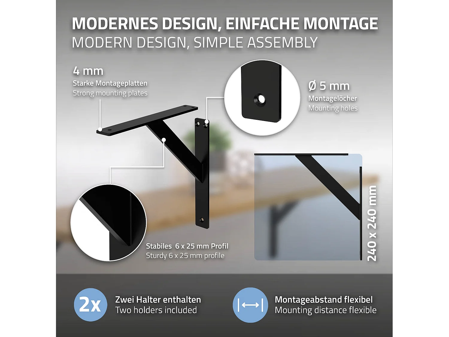 4x Staffa per mensola nero 240 mm in alluminio reggimensola galleggianti a muro