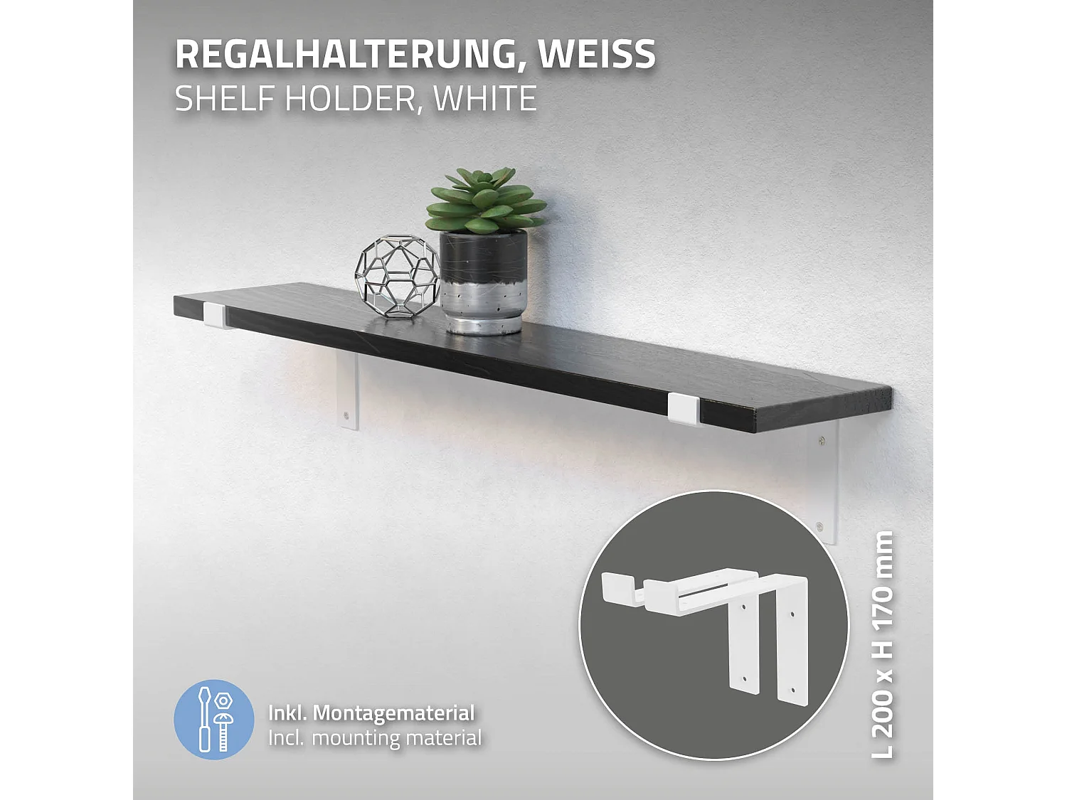 Set 4 supporti per scaffale staffe per ripiano mensola metallo bianco 200x145 mm