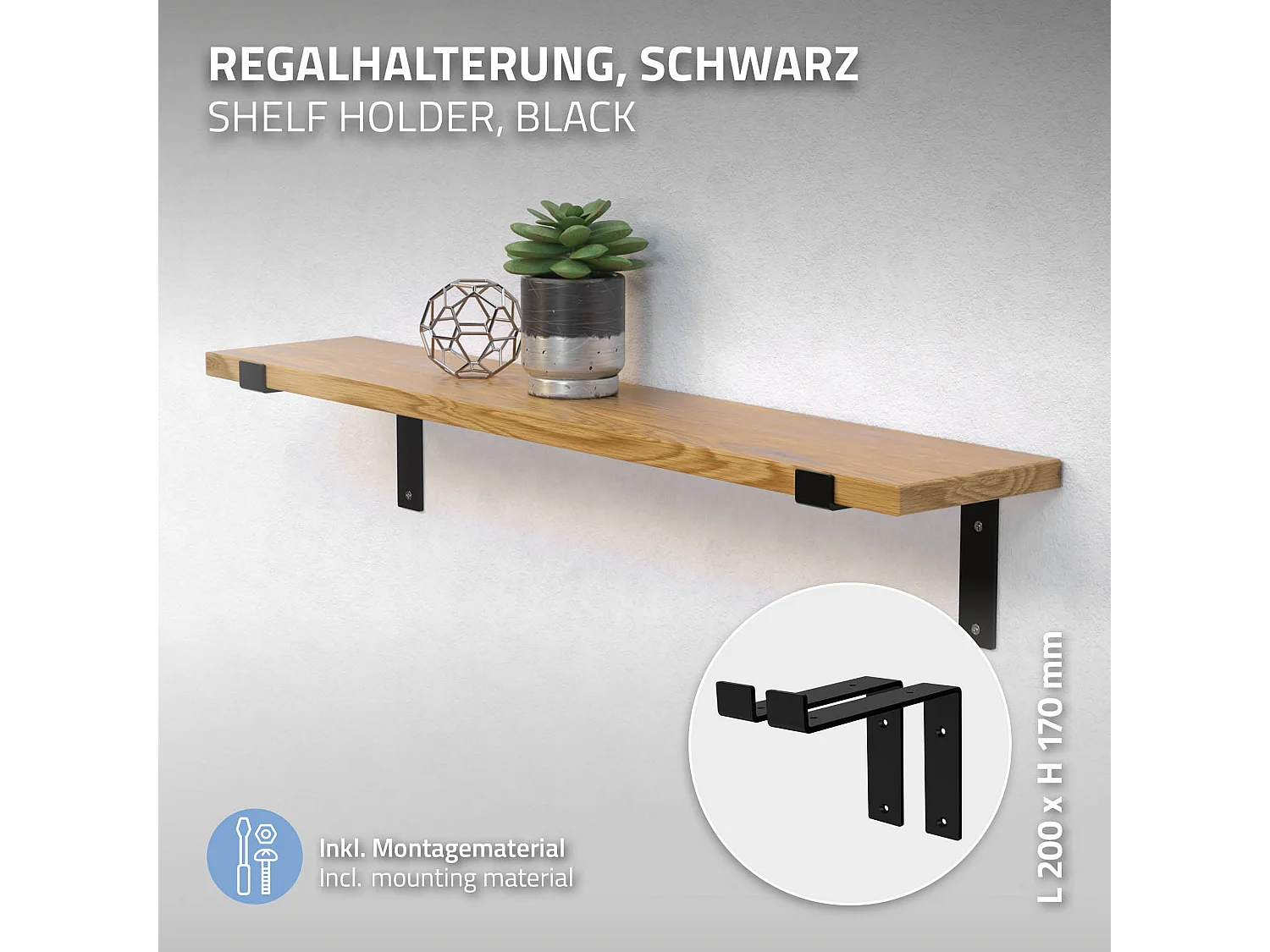 Set 4 supporti per scaffale staffe per ripiano mensola metallo nero 200x145 mm