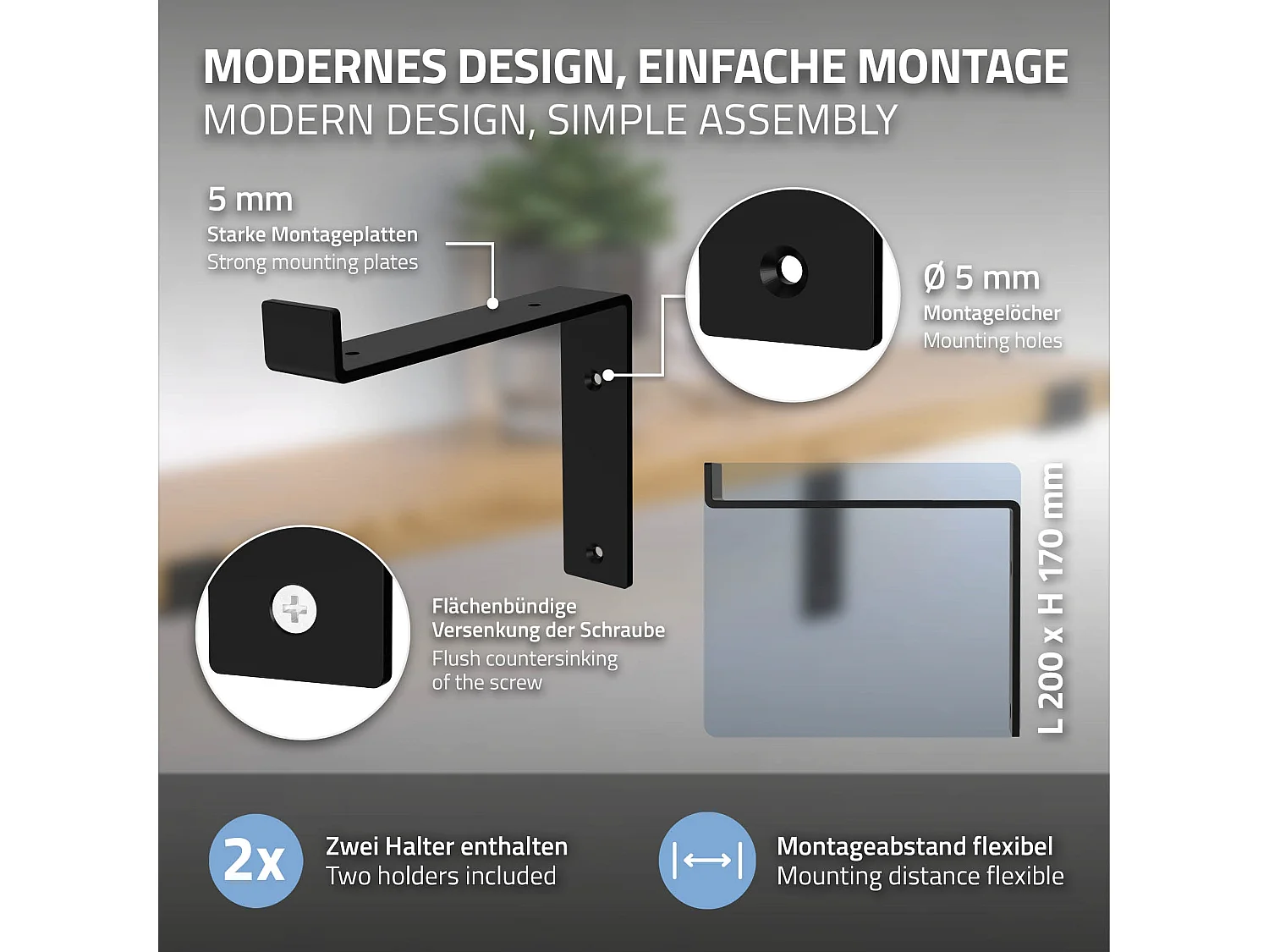 Set 4 supporti per scaffale staffe per ripiano mensola metallo nero 200x145 mm