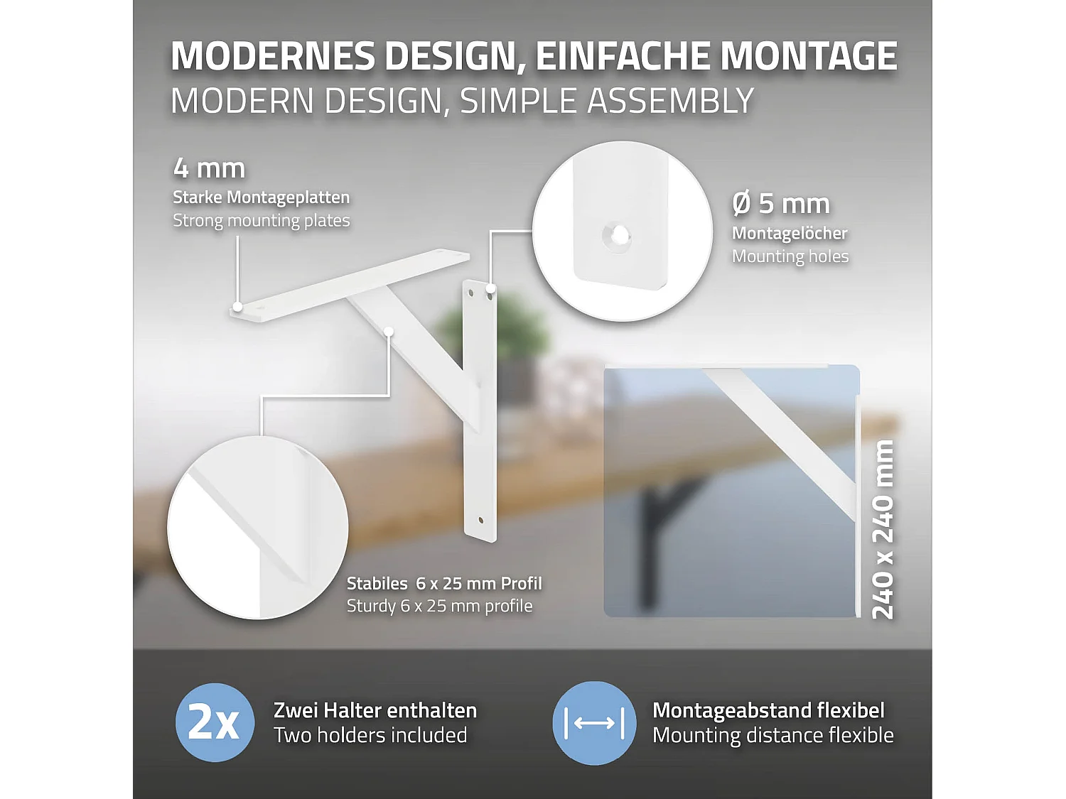4x Staffa per mensola bianco 24 cm in alluminio reggimensola galleggianti a muro