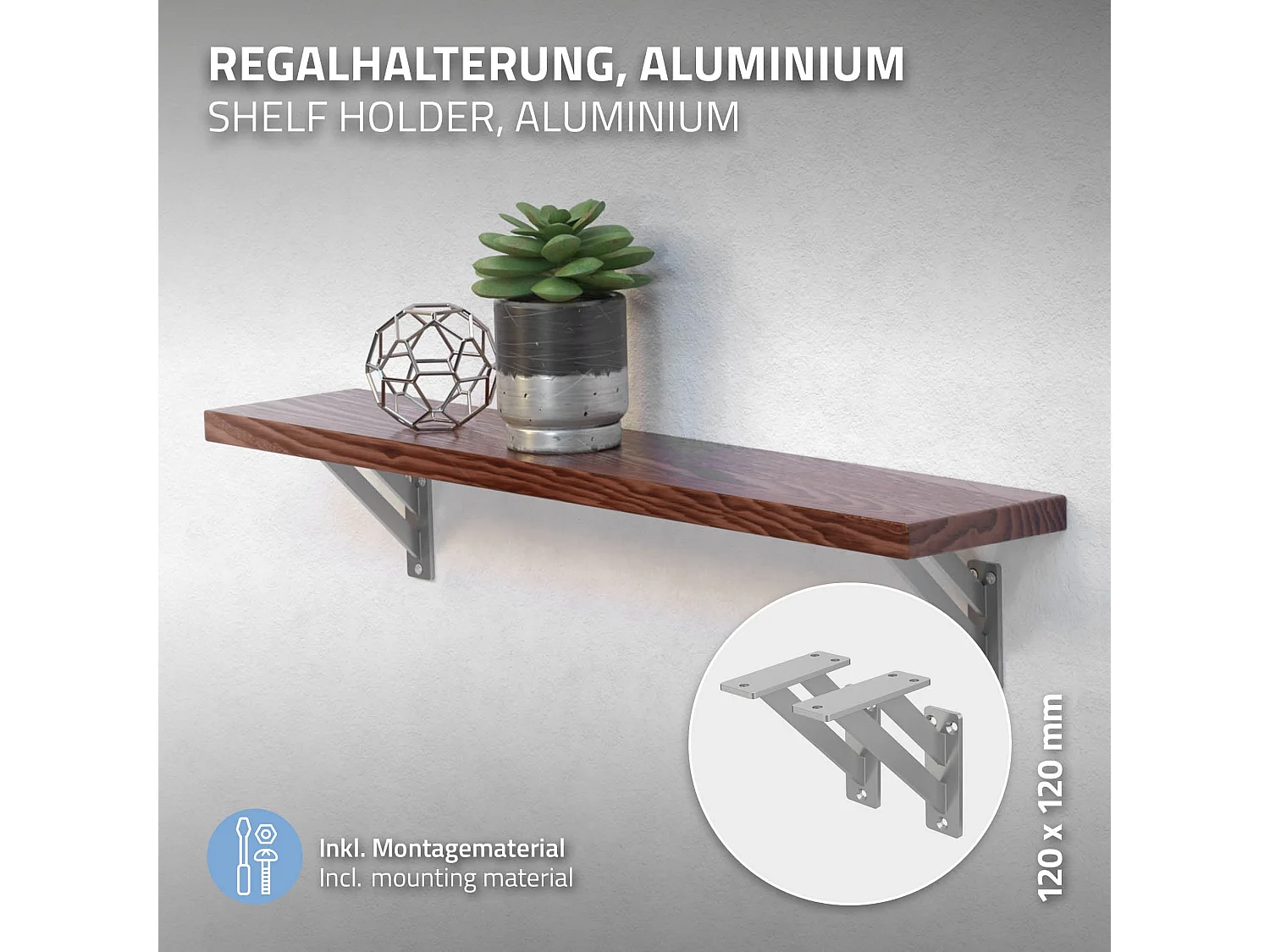 4x Supporto per mensole in alluminio argento 12x12 cm staffe per mensola pesanti