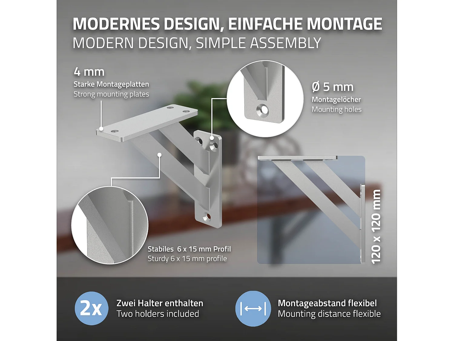 4x Supporto per mensole in alluminio argento 12x12 cm staffe per mensola pesanti