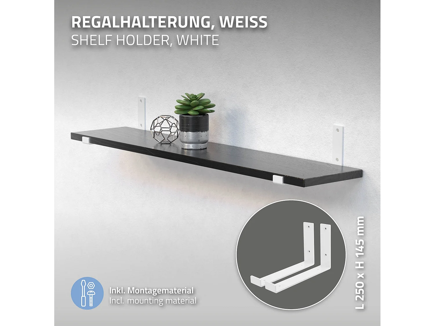 Set 4 supporti per scaffale staffe ripiano mensola metallo bianco 25 x 14 cm