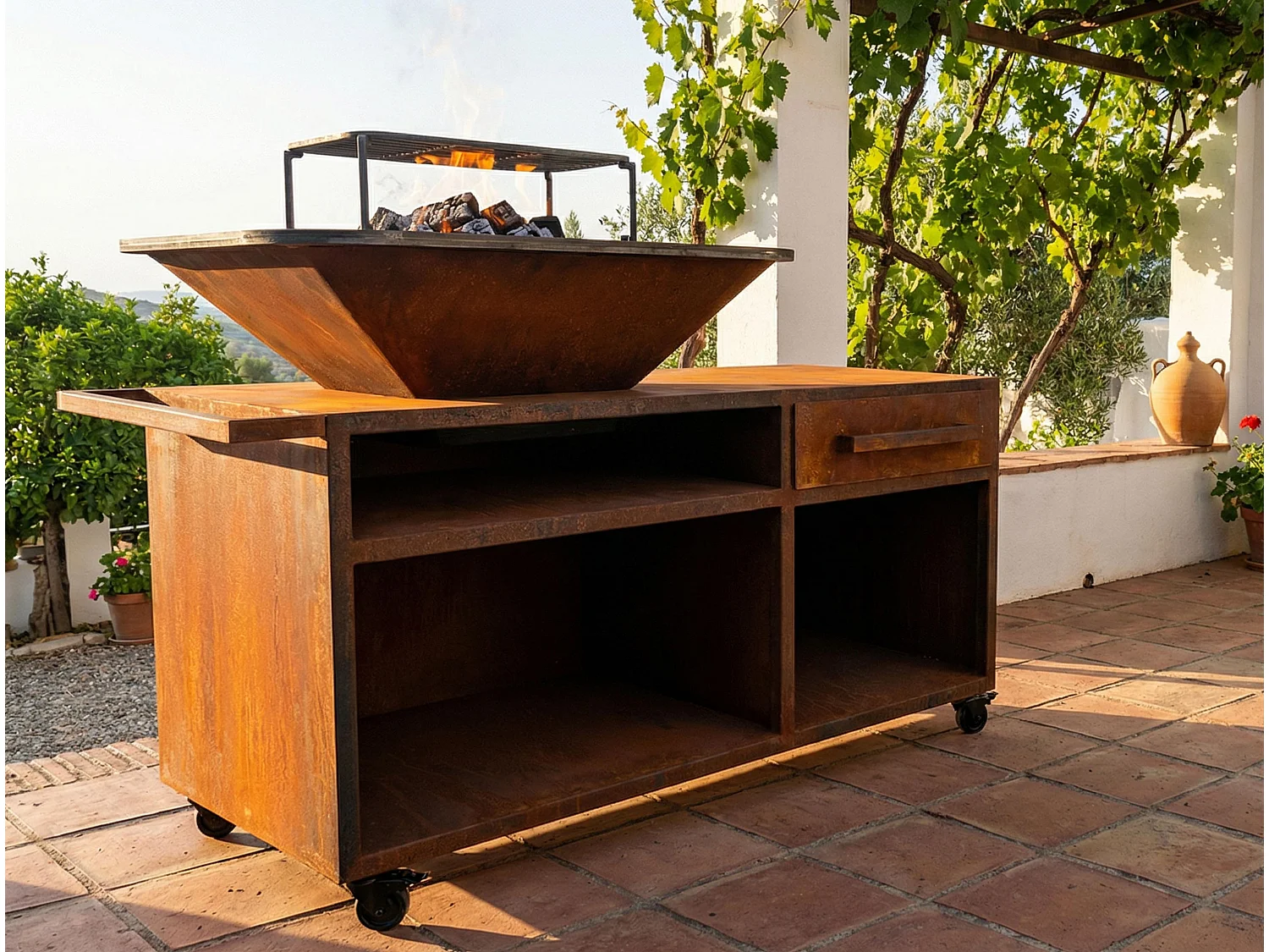 Grand barbecue avec armoire et plaque de cuisson en acier