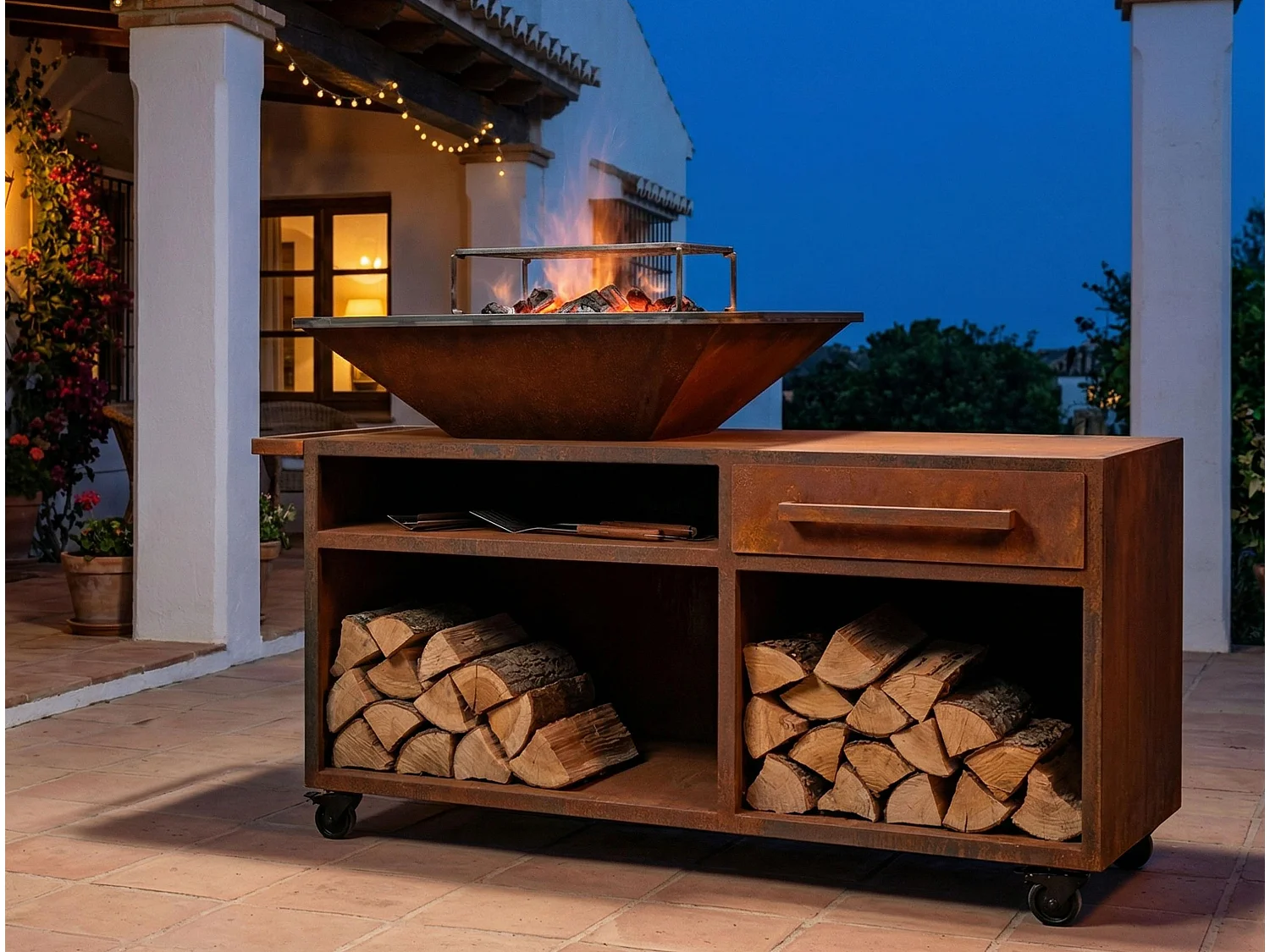 Grand barbecue avec armoire et plaque de cuisson en acier