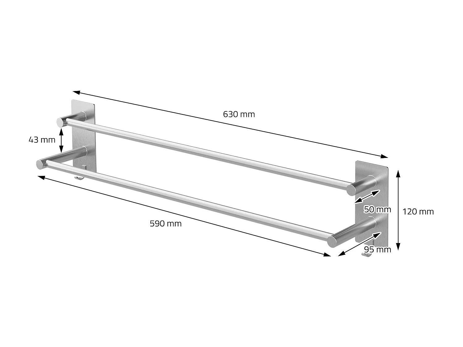 Porte-serviettes sans percer 59cm argent avec 2 barres et crochets salle de bain