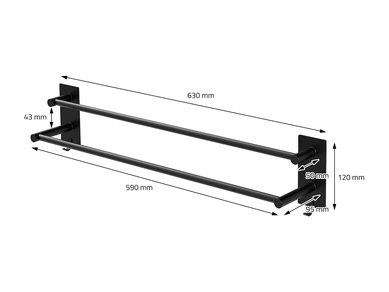 Porte-serviettes sans percer 59cm noir avec 2 barres et 2 crochets salle de bain