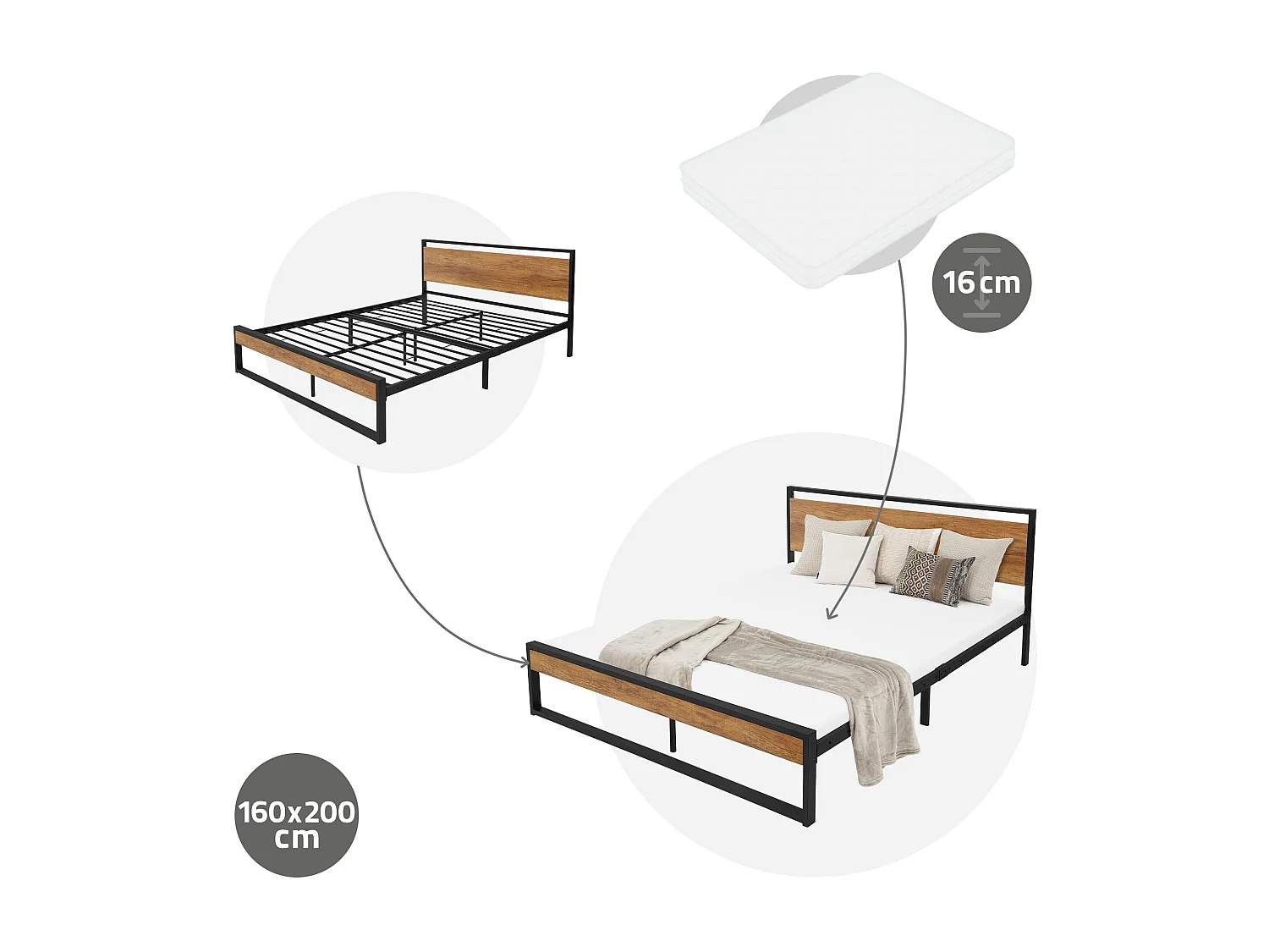 Lit en métal noir avec tête de lit en bois 160x200 cm avec matelas mousse 16cm