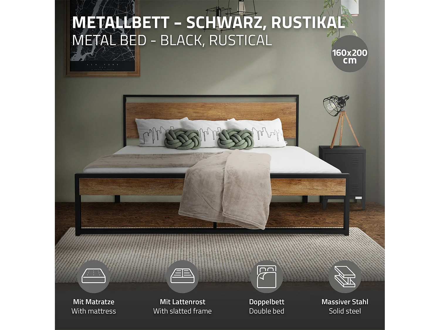 Lit en métal noir avec tête de lit en bois 160x200 cm avec matelas mousse 16cm