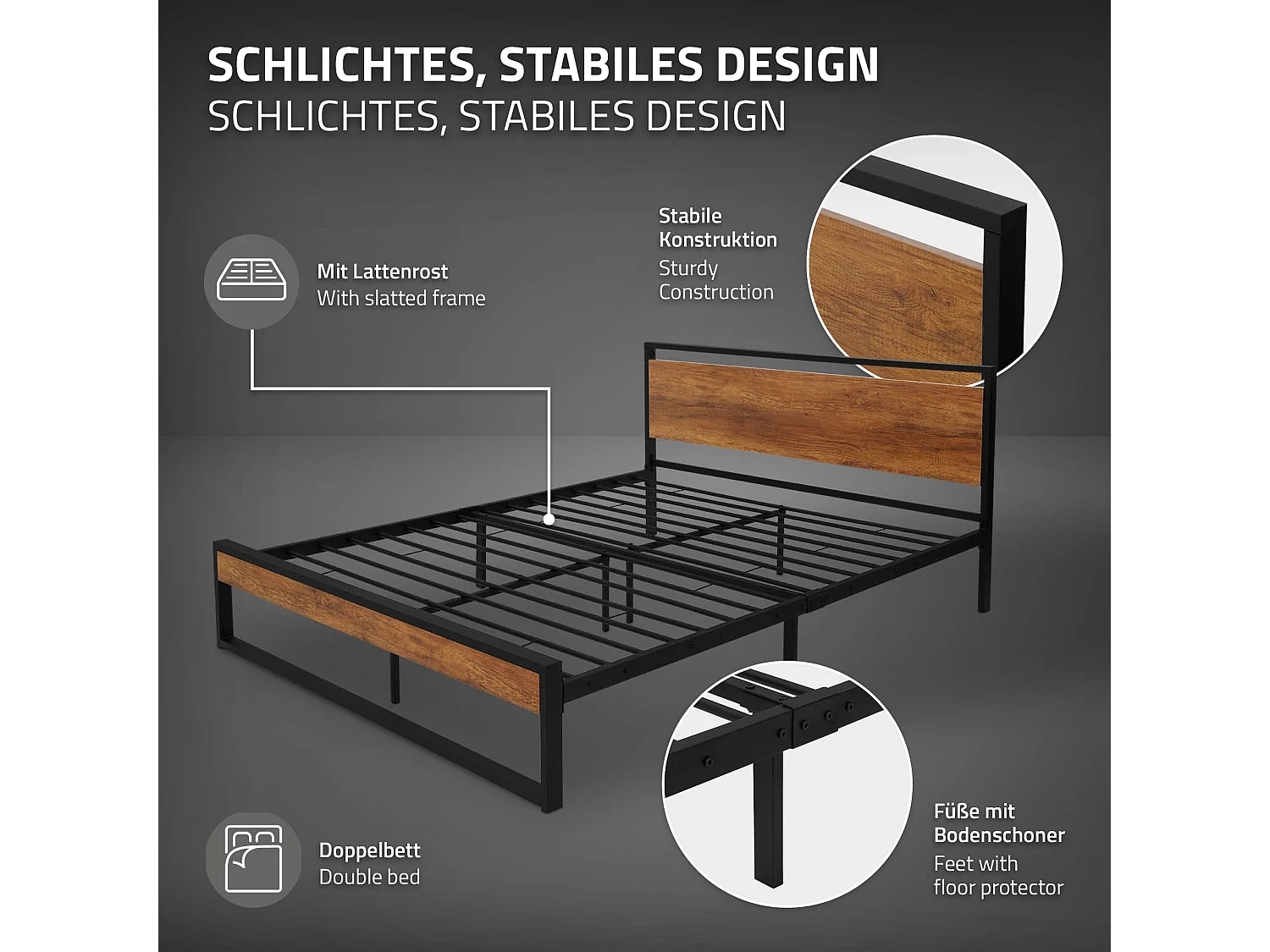 Lit en métal noir avec tête de lit en bois 160x200 cm avec matelas mousse 16cm