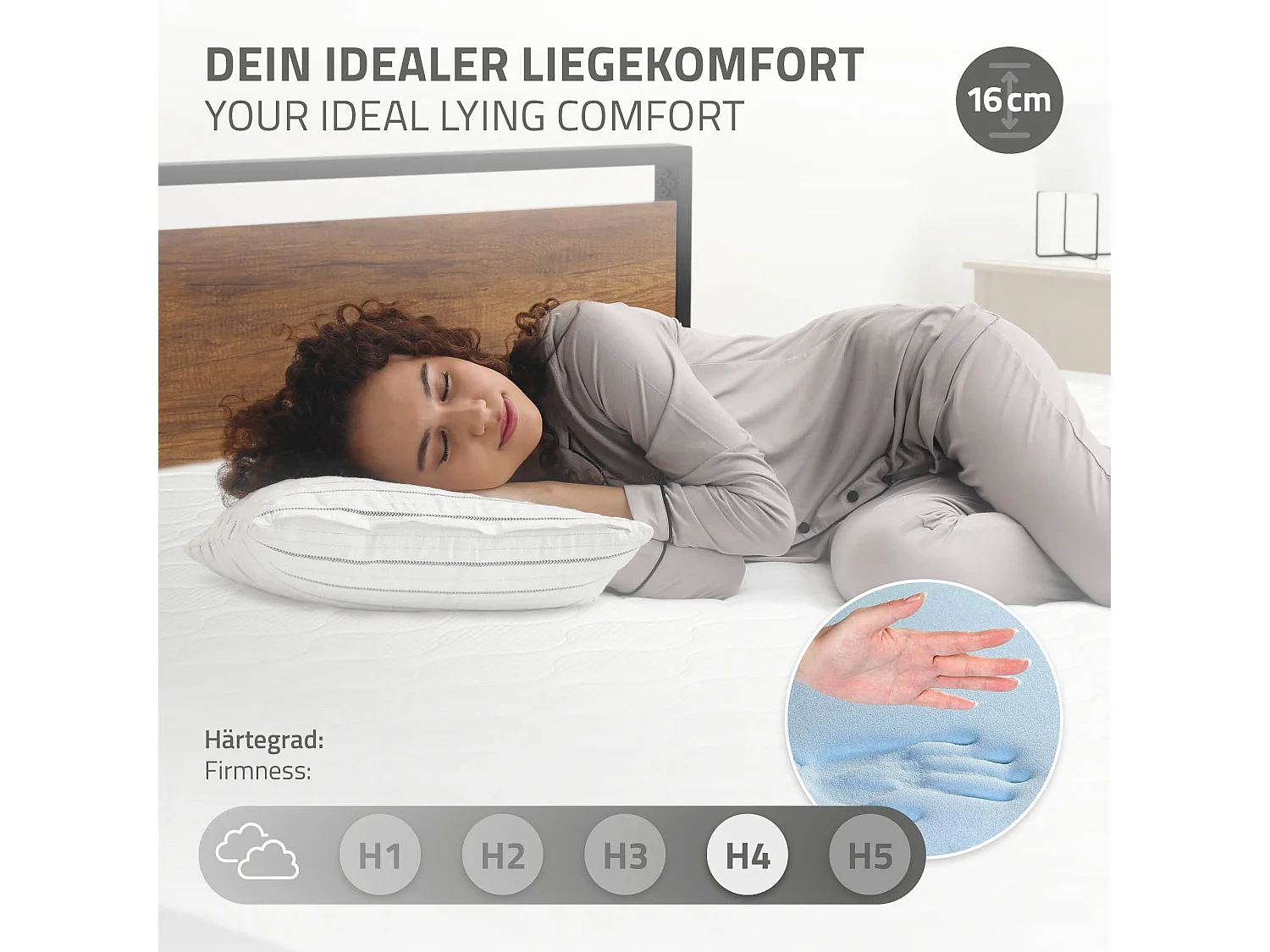 Lit en métal noir avec tête de lit en bois 160x200 cm avec matelas mousse 16cm