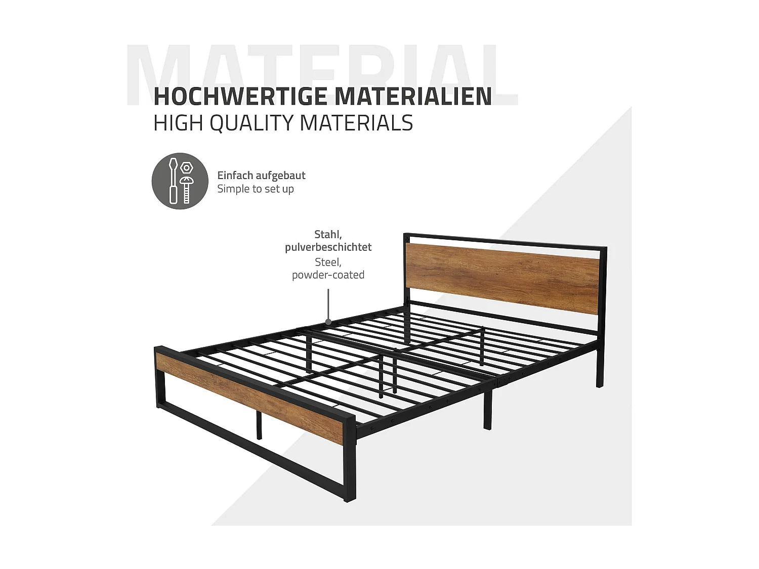Lit en métal noir avec tête de lit en bois 160x200 cm avec matelas mousse 16cm