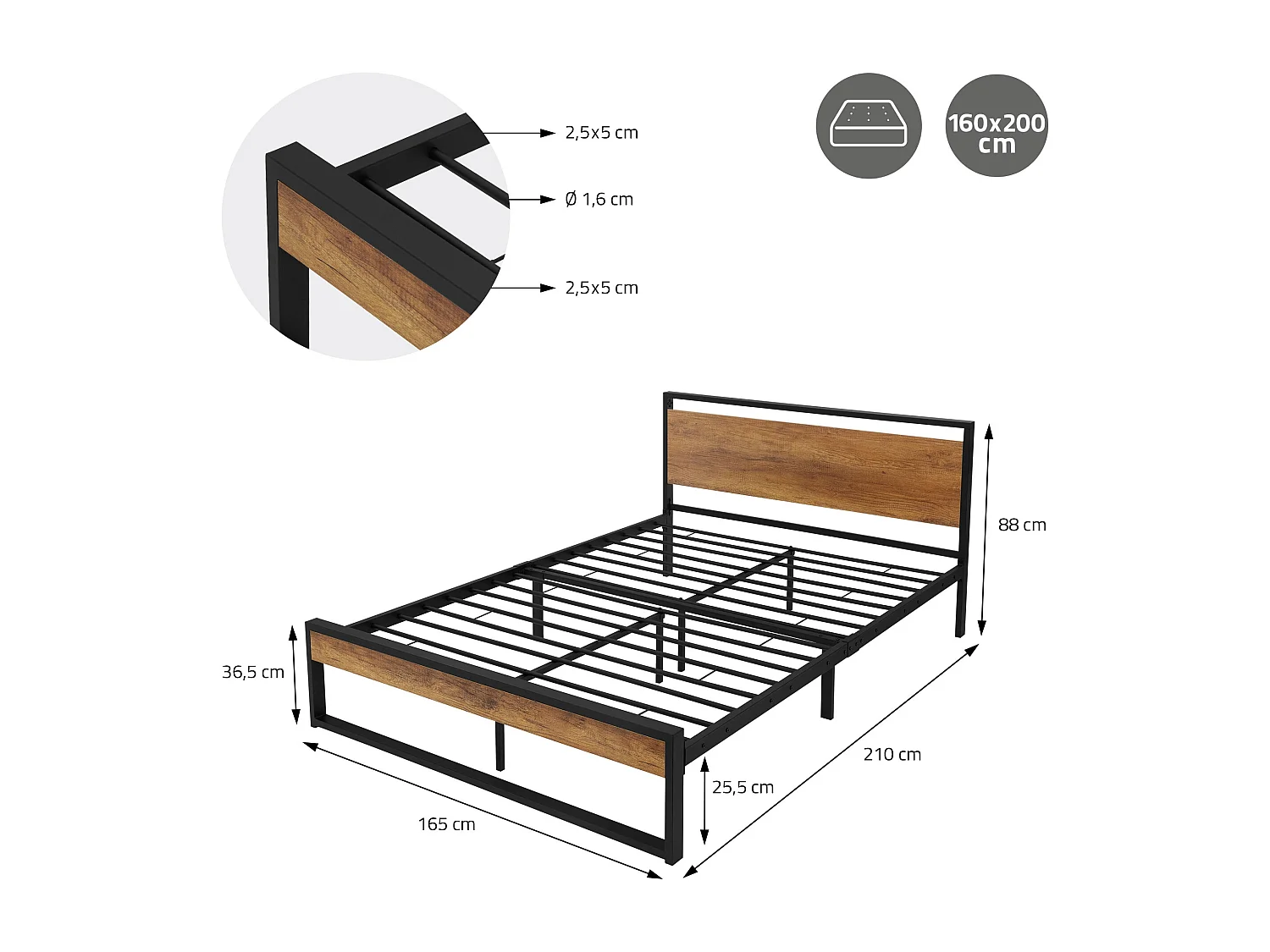 Lit en métal noir avec tête de lit en bois 160x200 cm avec matelas mousse 16cm