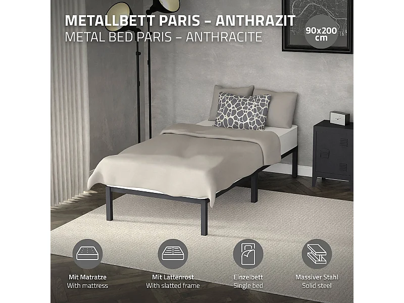 Letto telaio in acciaio antracite 200 x 90 cm con materasso singolo a schiuma