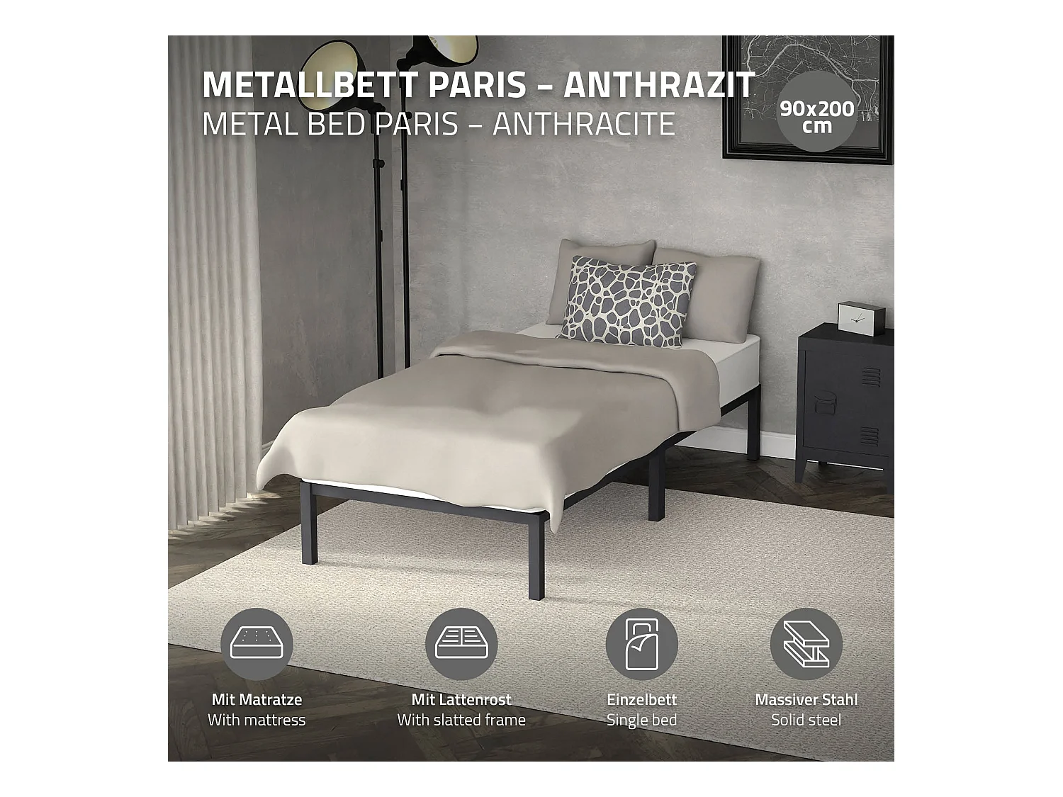 Letto telaio in acciaio antracite 200 x 90 cm con materasso singolo a schiuma