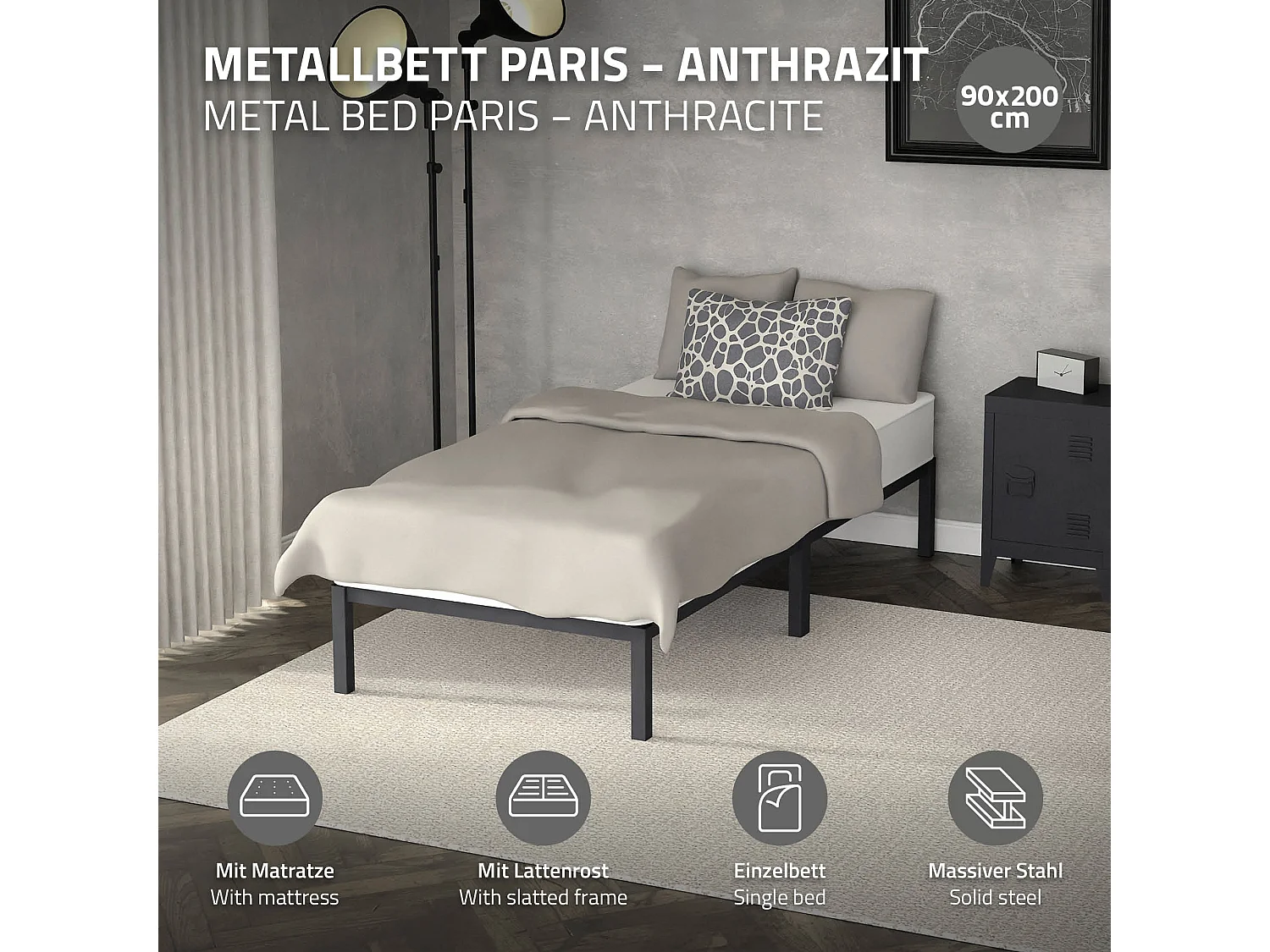 Letto telaio in acciaio antracite 200 x 90 cm con materasso singolo a schiuma