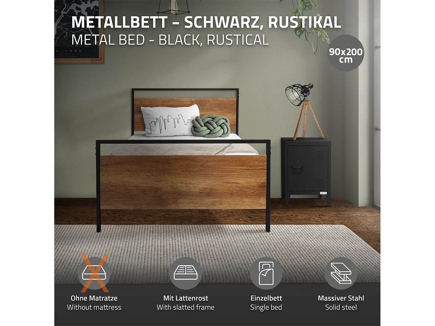 Letto in metallo a doghe struttura in acciaio nero con piastre in legno 200x90cm