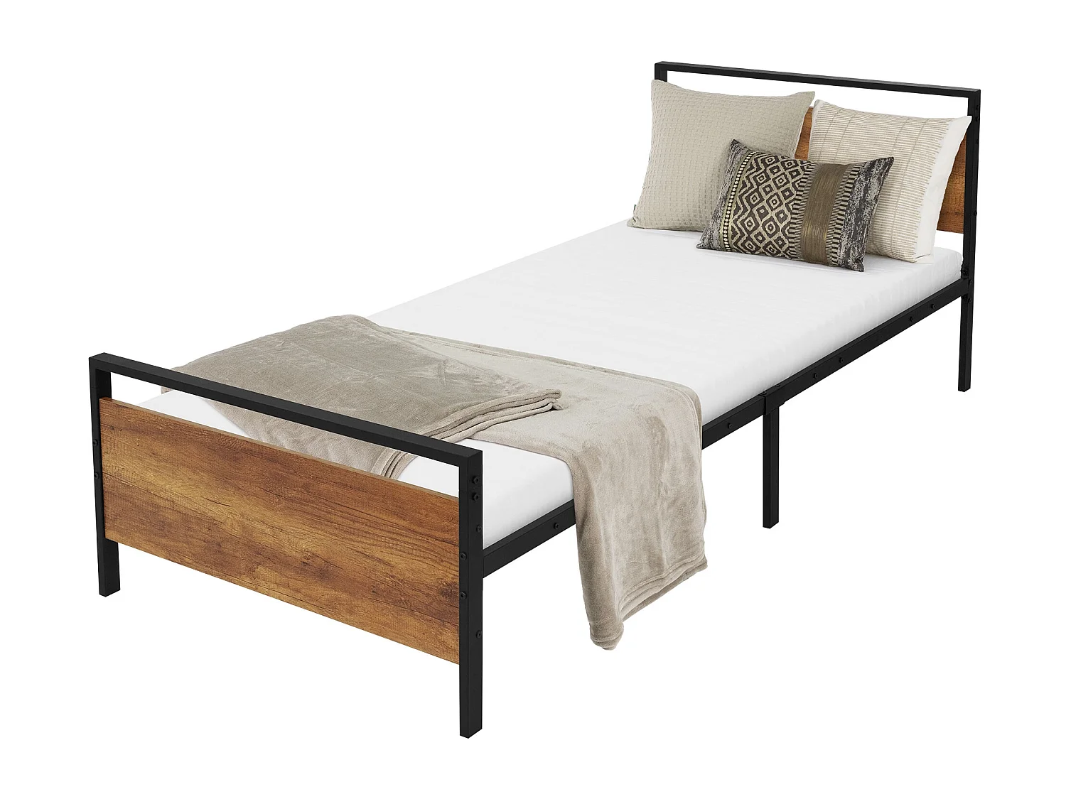 ML-Design Cama de Estructura Metalica Negra 90 x 200 cm con Cabecero y Piecero de Madera Marrón Marco de Acero Somier