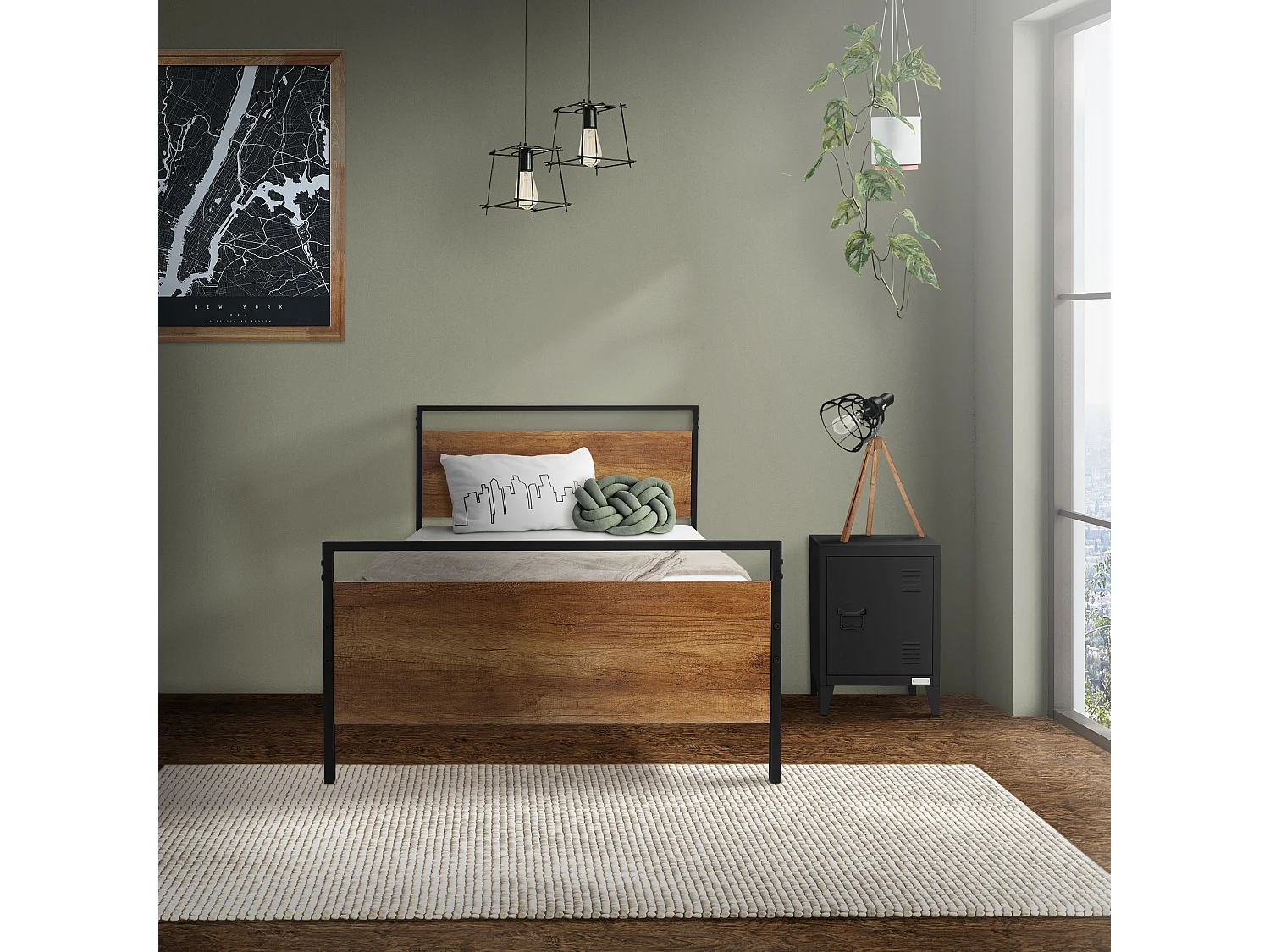 ML-Design Cama de Estructura Metalica Negra 90 x 200 cm con Cabecero y Piecero de Madera Marrón Marco de Acero Somier