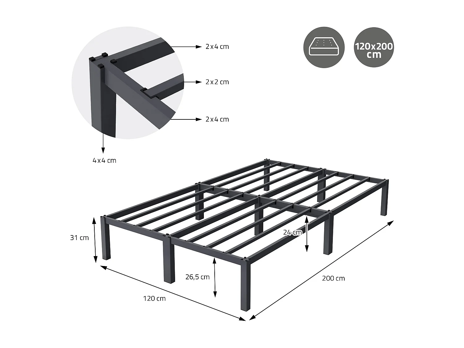 Cama de estructura metalica antracita 120x200cm con colchón de espuma fría 16 cm
