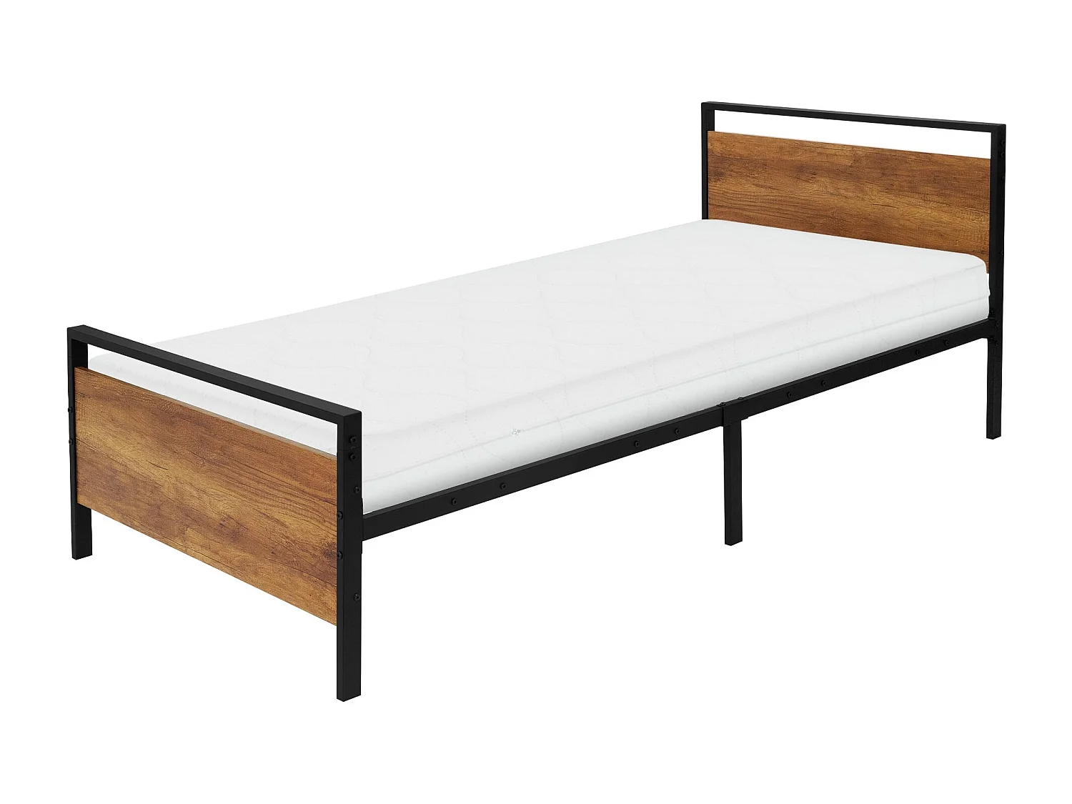 Lit en métal noir avec tête de lit en bois 90x200 cm avec matelas mousse 16 cm