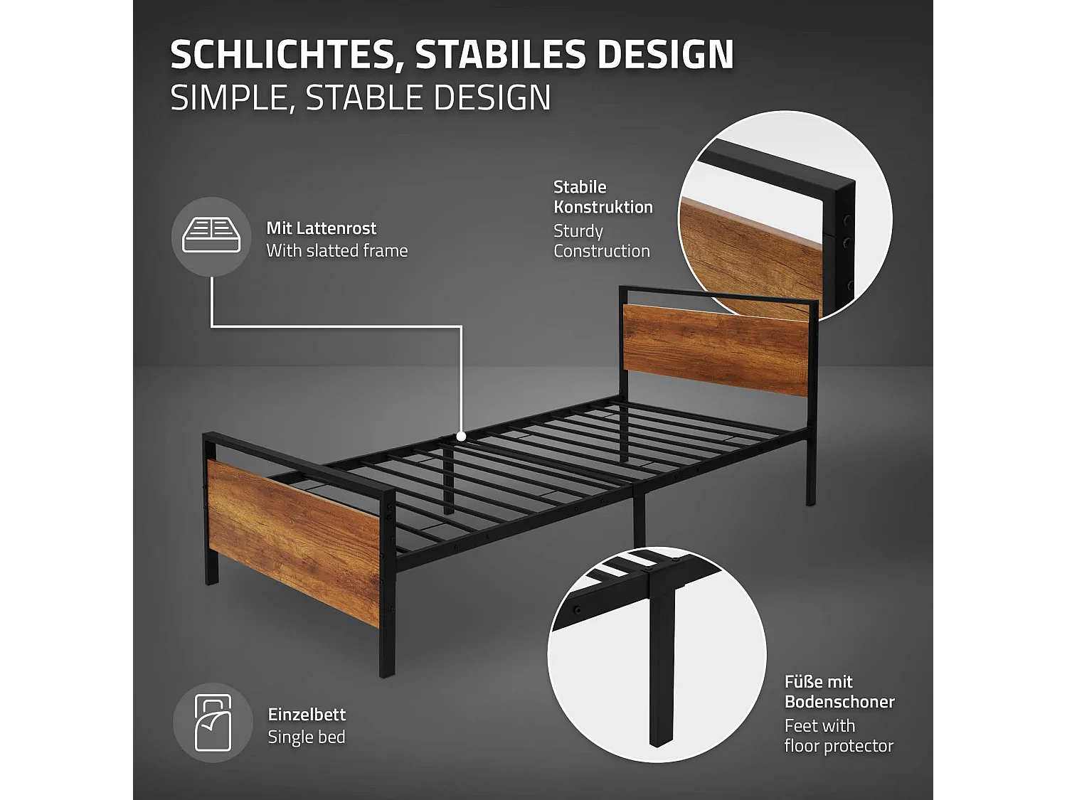 Lit en métal noir avec tête de lit en bois 90x200 cm avec matelas mousse 16 cm
