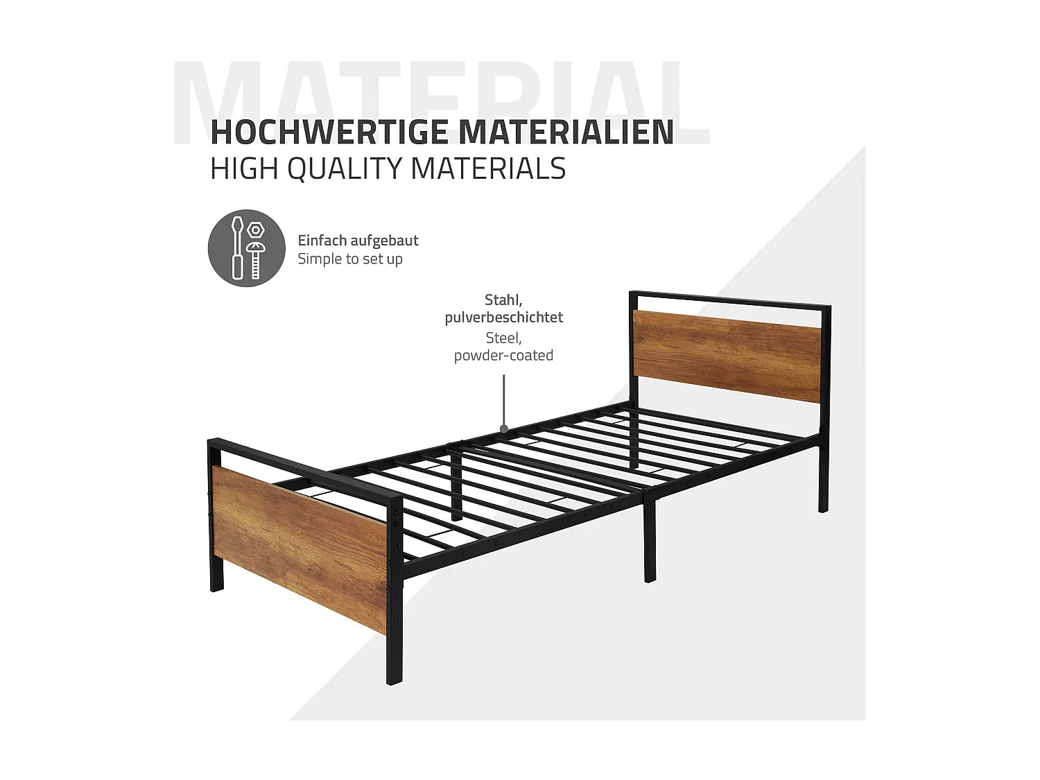 Lit en métal noir avec tête de lit en bois 90x200 cm avec matelas mousse 16 cm