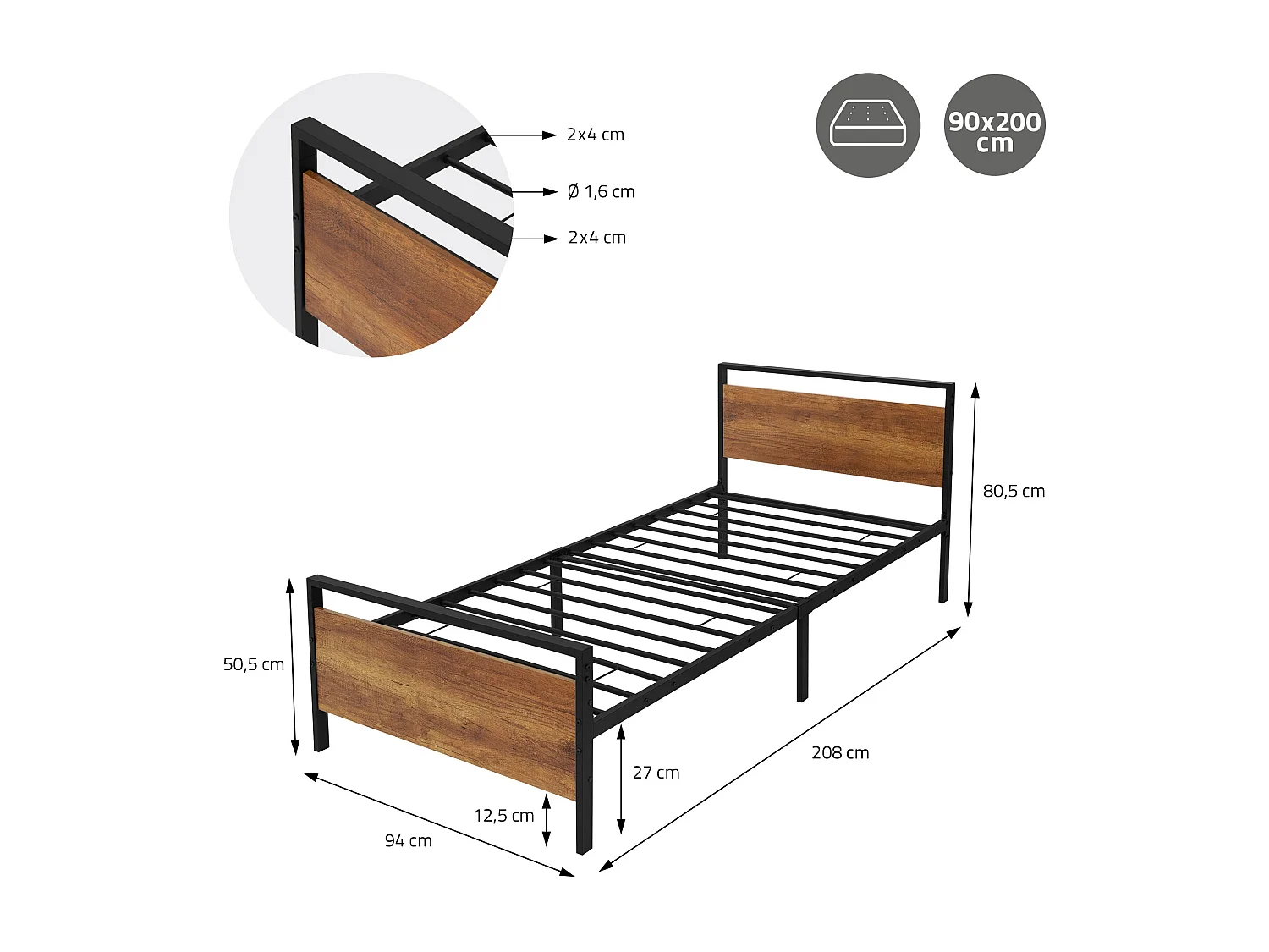 Lit en métal noir avec tête de lit en bois 90x200 cm avec matelas mousse 16 cm