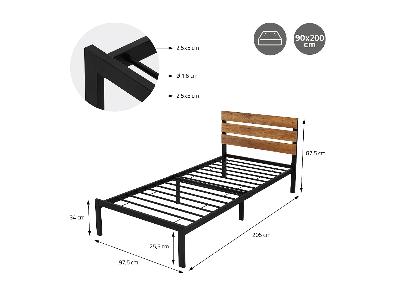 Letto in metallo struttura acciaio rete a doghe per bambini ospiti nero 90x200cm