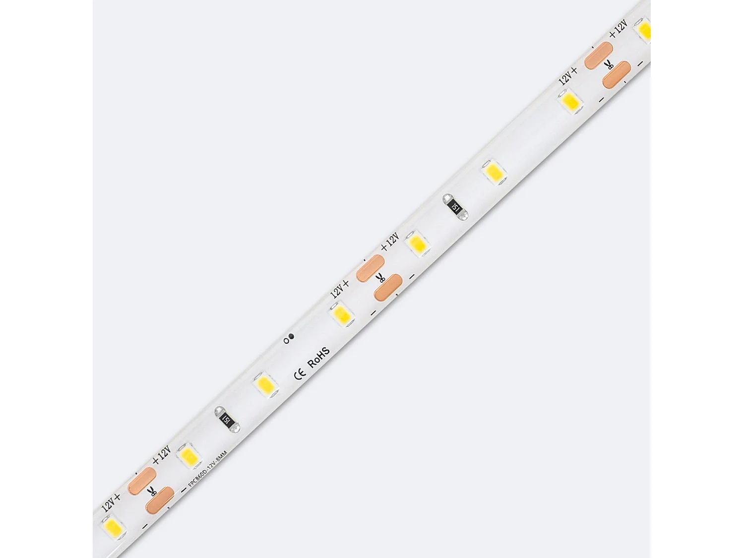 Ruban LED 12V SMD 60 LED/m 5m 5W/m 400lm/m Largeur 8mm Coupe 5cm IP65 2200K Super chaud