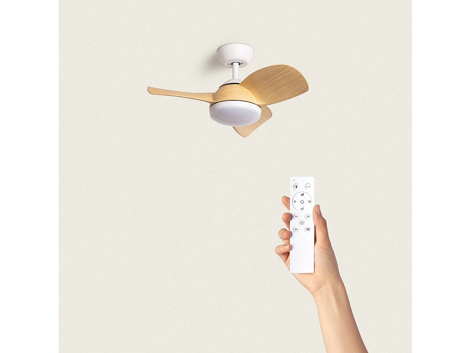 Ventilateur de Plafond Silencieux Poros 35W 76cm Moteur DC Bois blanc  Avec lumière, Télécommande, Wifi: True