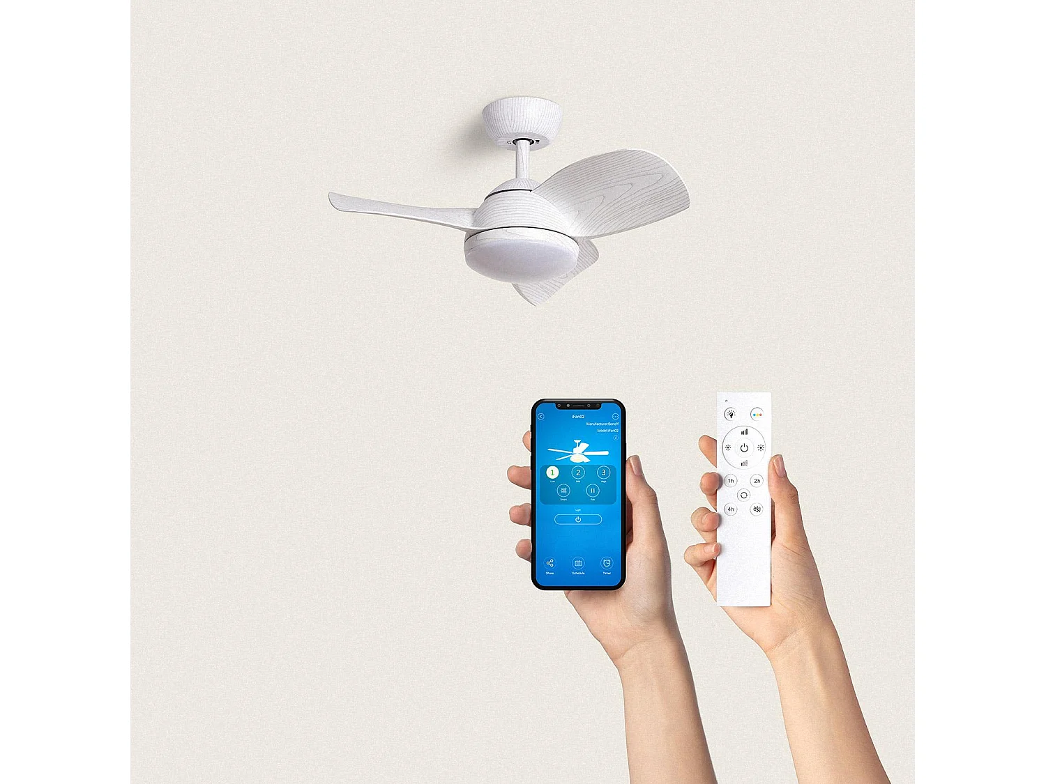 Ventilateur de Plafond Silencieux Poros 35W 76cm Moteur DC Bois blanc  Avec lumière, Télécommande, Wifi: True