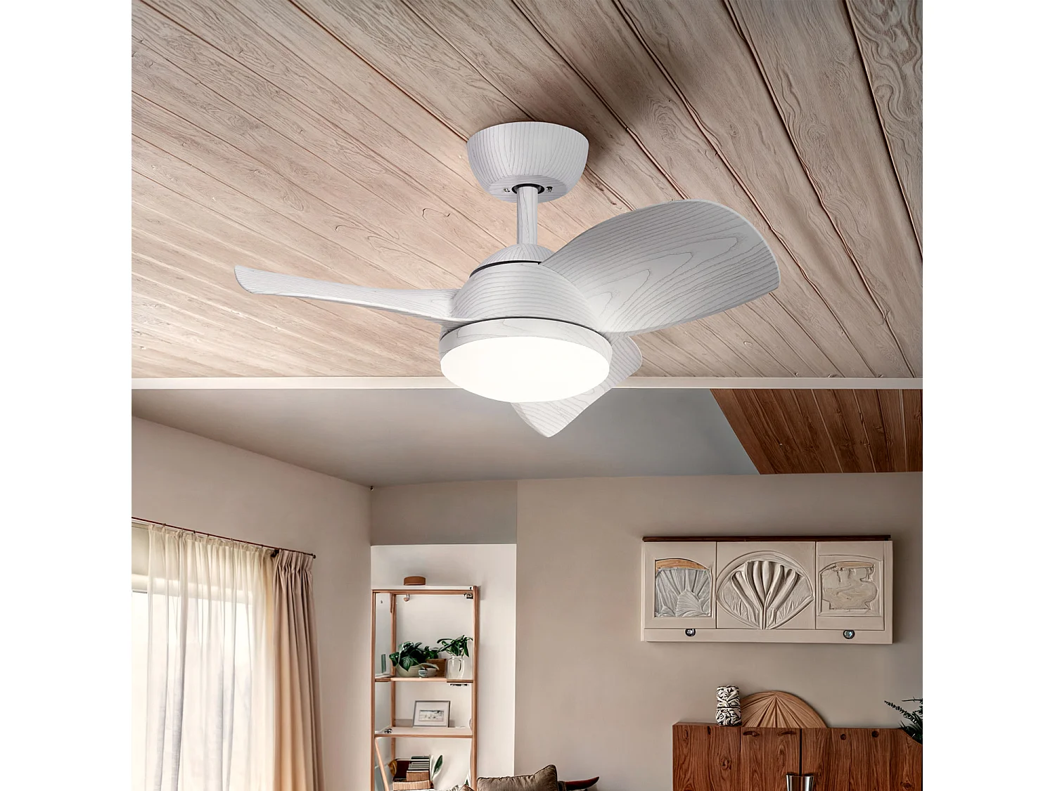 Ventilateur de Plafond Silencieux Poros 35W 76cm Moteur DC Bois blanc  Avec lumière, Télécommande, Wifi: True
