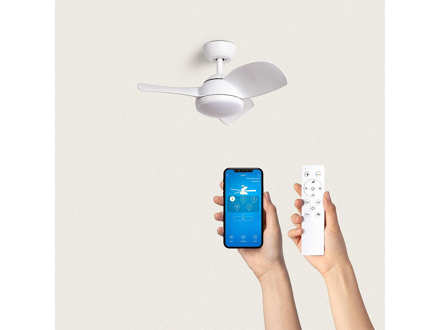 Ventilatore da Soffitto Silenzioso Poros 76cm Motor DC Bianco Con Luce, Controller a Parete + Telecomando, Wifi: True