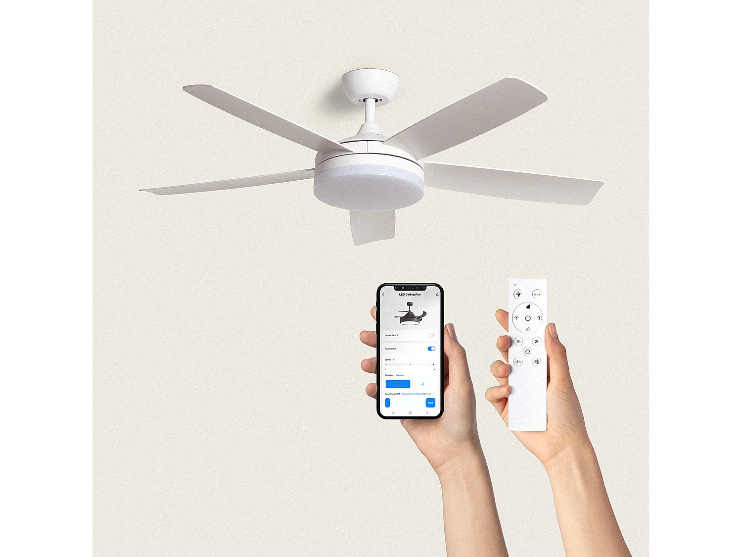 Ventilateur de Plafond Silencieux Patroclo Blanc 132cm Motor DC Blanc  Avec lumière, Télécommande, Wifi: True