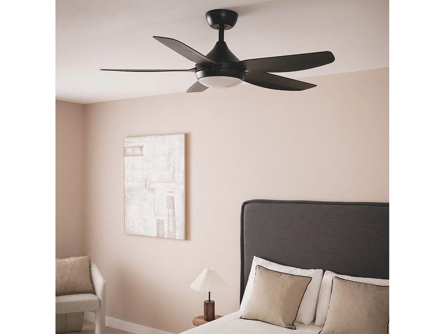 Ventilateur de Plafond Silencieux Dokós 122cm Motor DC Noir  Avec lumière, Contrôleur mural + télécommande, Wifi: True